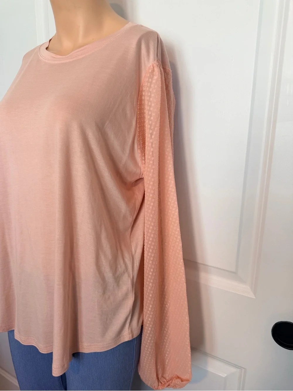Michael Kors Soft Peach Long Sleeve Blouse with Sheer Dot Sleeves